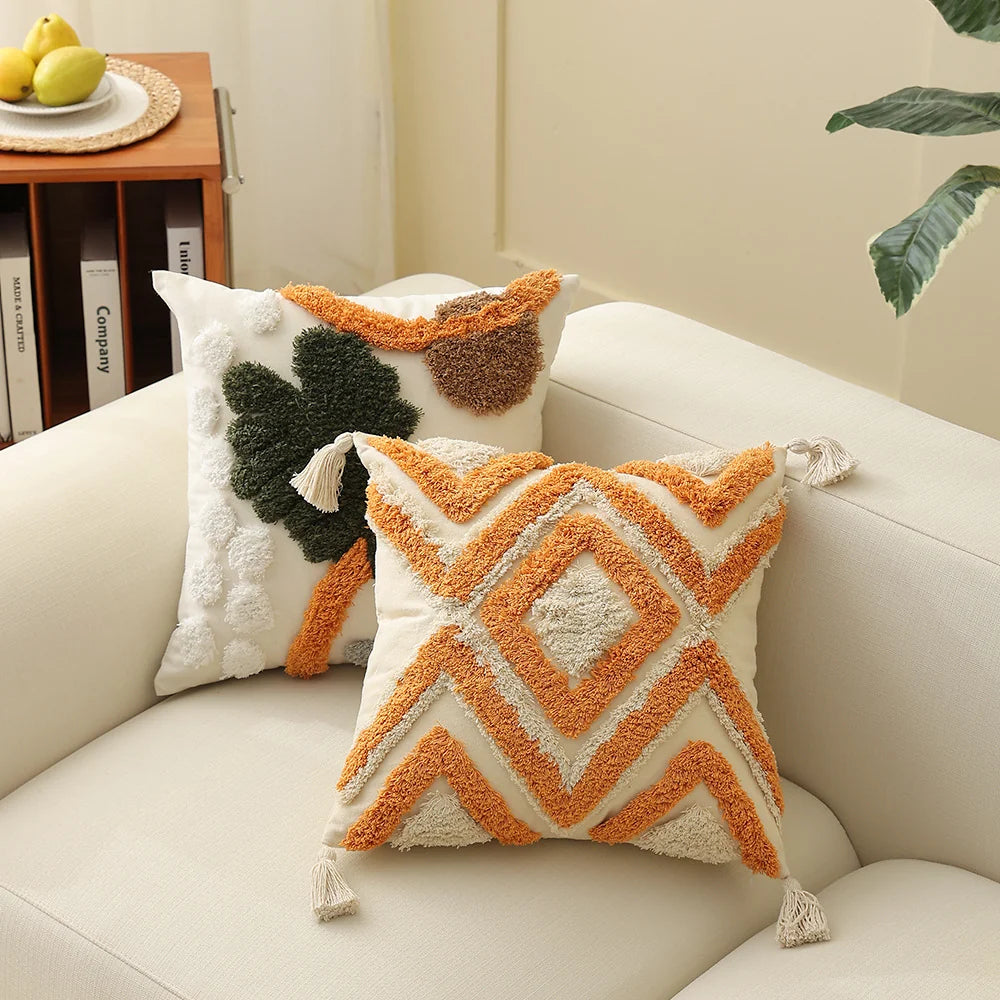 Square Pillow Cover Hand-Tufted Cotton Blend & Hidden Zipper