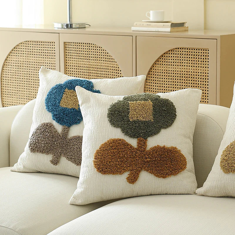 Square Pillow Cover Hand-Tufted Floral Chenille Linen-Look 18x18 In