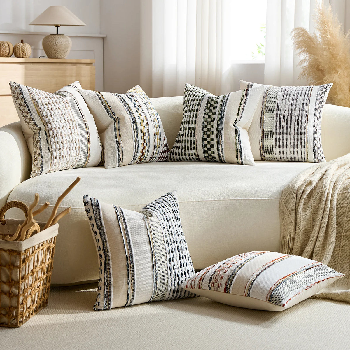 Square Pillow Cover Handwoven Cotton Tufted Stripes