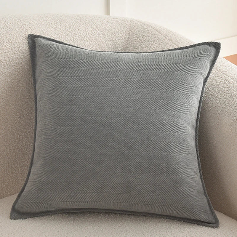 Square Pillow Cover Herringbone Texture Piped Trim Hidden Zipper