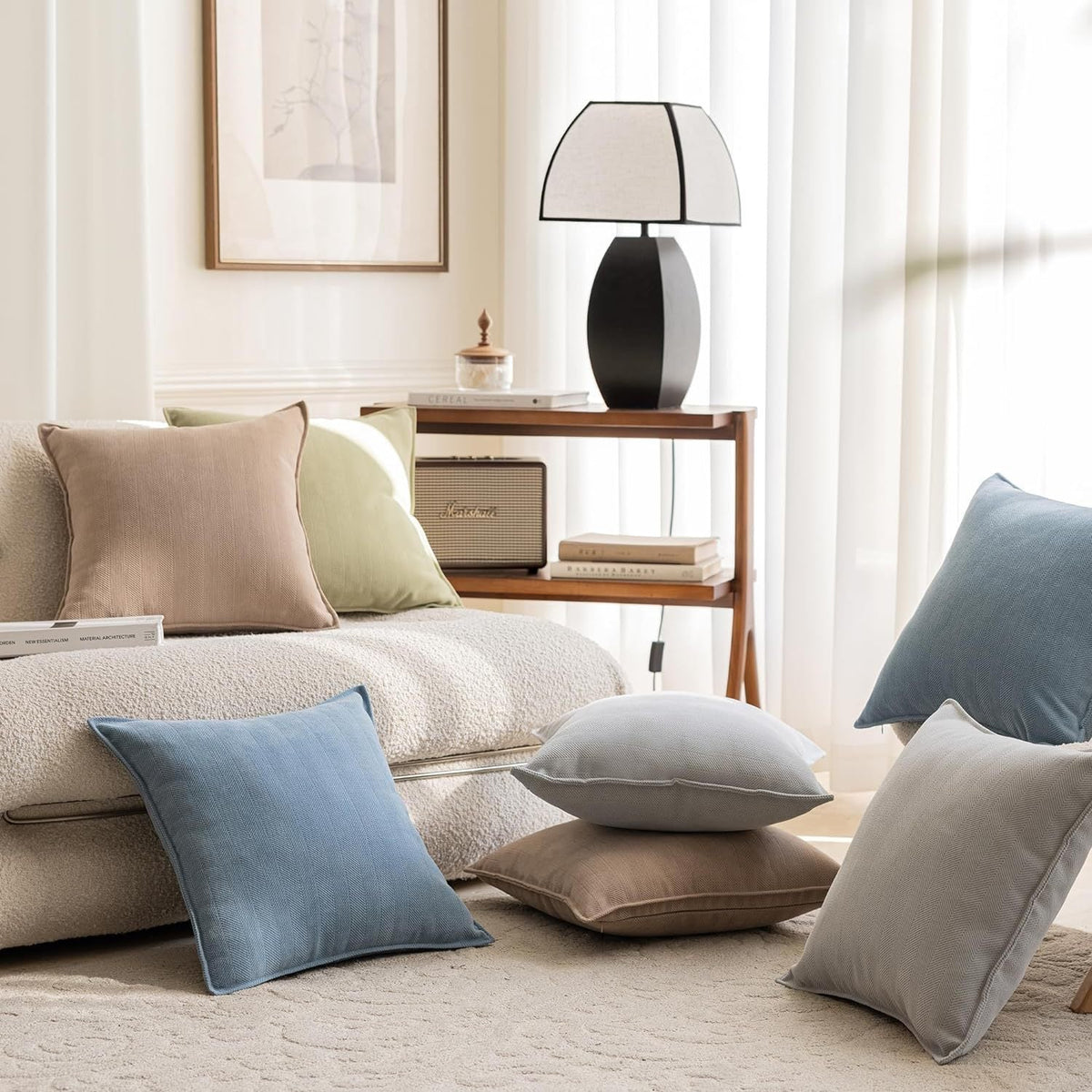 Square Pillow Cover Herringbone Texture Piped Trim Hidden Zipper