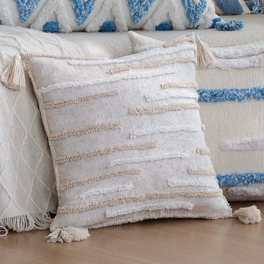 Square Pillow Cover Linen-Look Cotton Relief Tufting & Tassels