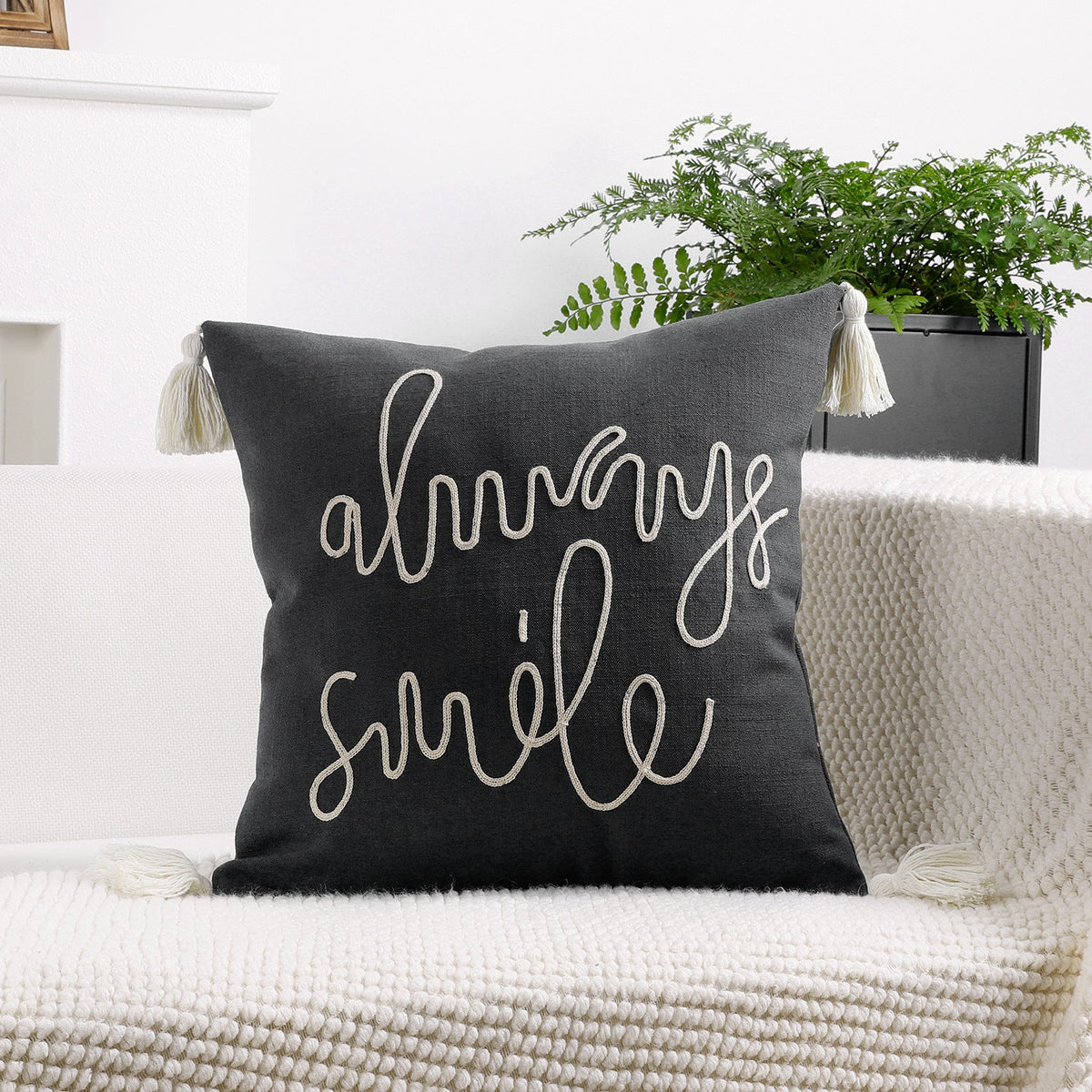 Square Pillow Cover Rope-Embroidered Linen-Blend Hidden Zipper