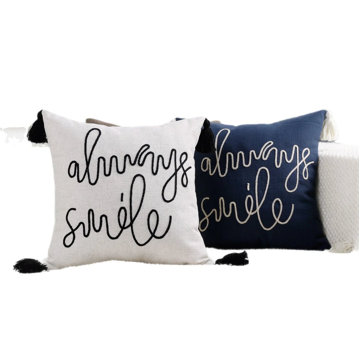Square Pillow Cover Rope-Embroidered Linen-Blend Hidden Zipper