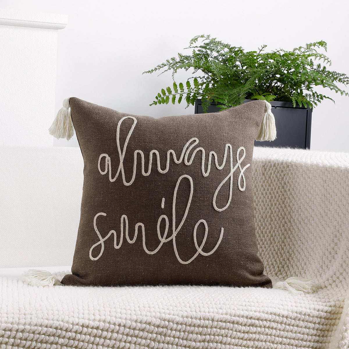 Square Pillow Cover Rope-Embroidered Linen-Blend Hidden Zipper
