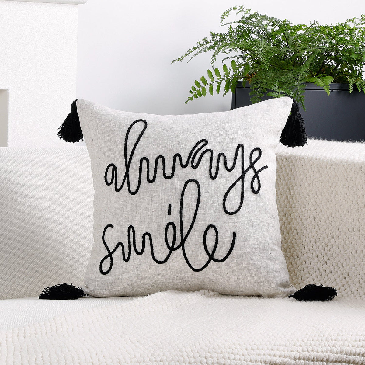 Square Pillow Cover Rope-Embroidered Linen-Blend Hidden Zipper