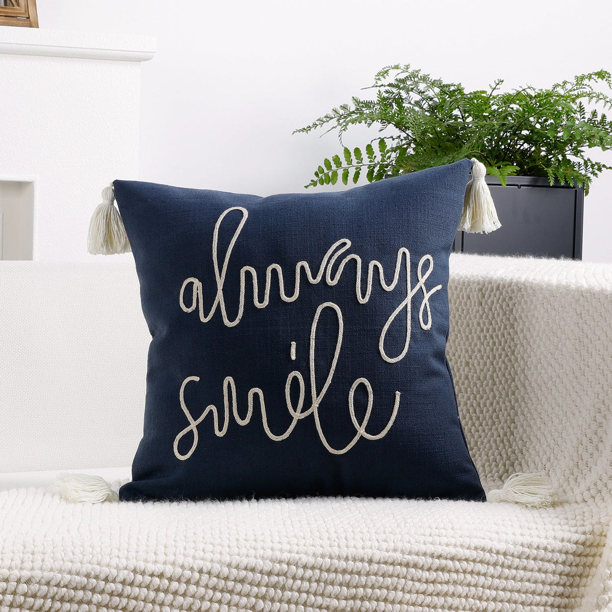Square Pillow Cover Rope-Embroidered Linen-Blend Hidden Zipper