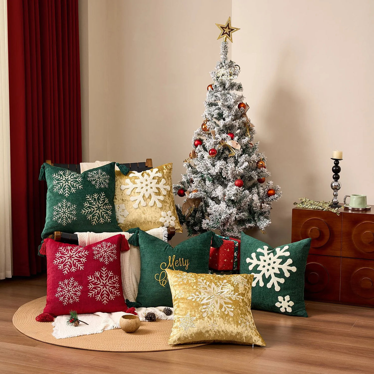 Square Pillow Cover Woven Velvet Snowflake Embroidery Tassels