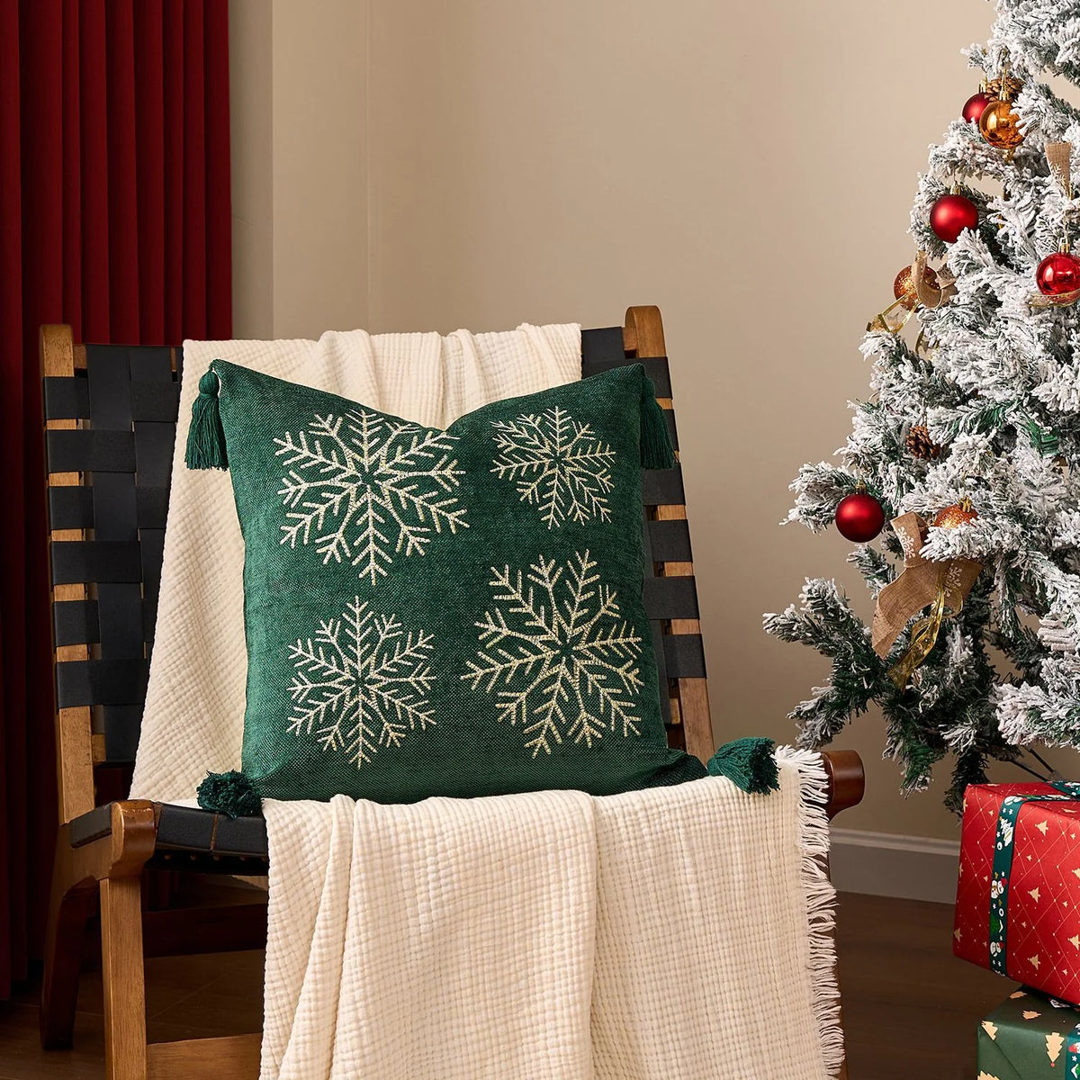Square Pillow Cover Woven Velvet Snowflake Embroidery Tassels
