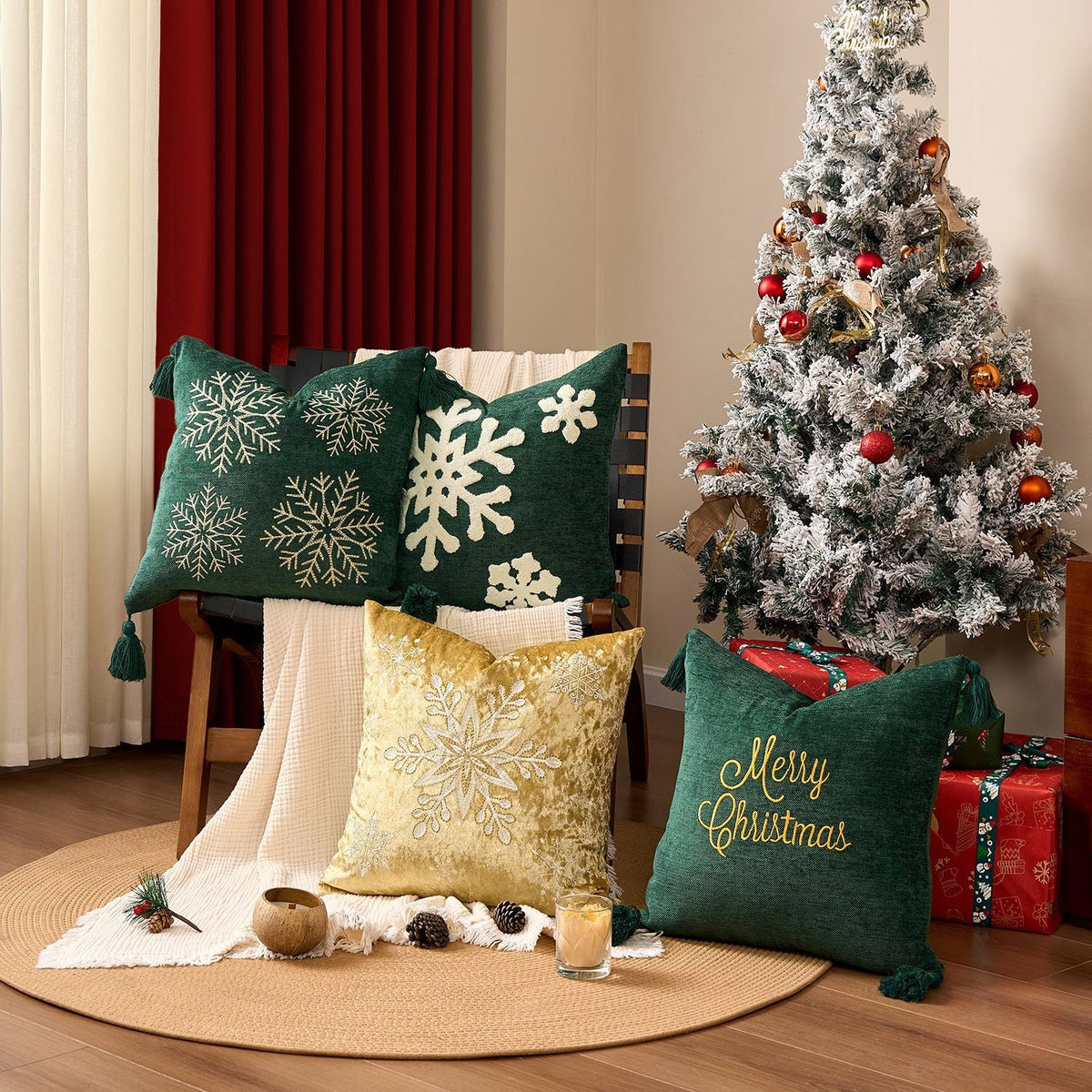 Square Pillow Cover Woven Velvet Snowflake Embroidery Tassels