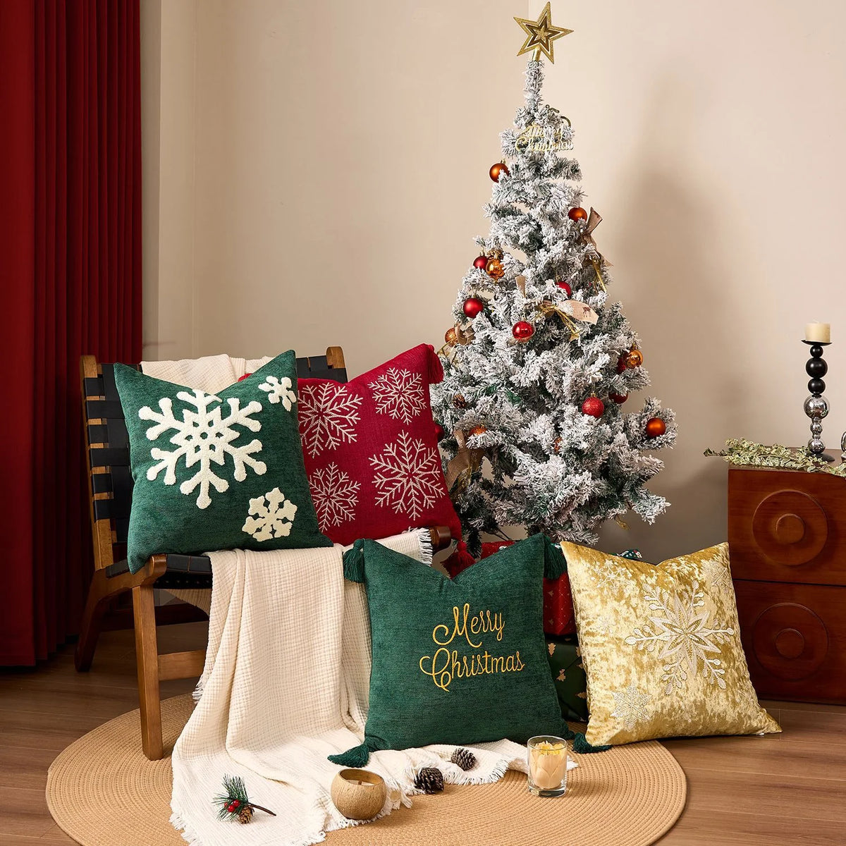 Square Pillow Cover Woven Velvet Snowflake Embroidery Tassels