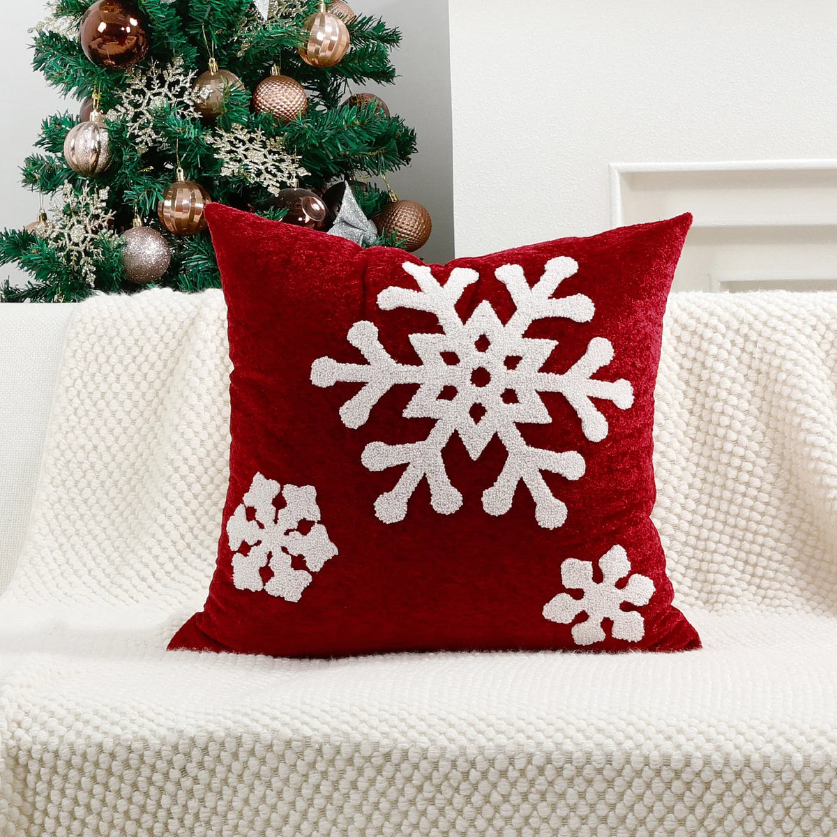 Square Pillow Cover Woven Velvet Snowflake Embroidery Tassels