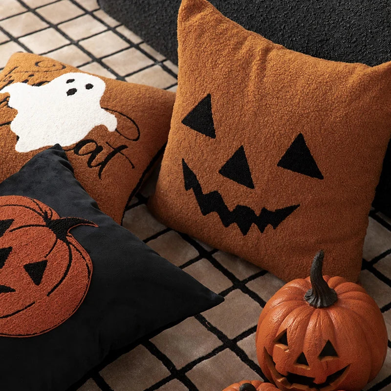 Square Pillow Embroidered Ghost Bouclé Fleece Removable Cover