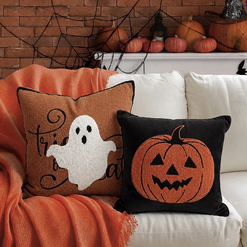 Square Pillow Embroidered Ghost Bouclé Fleece Removable Cover