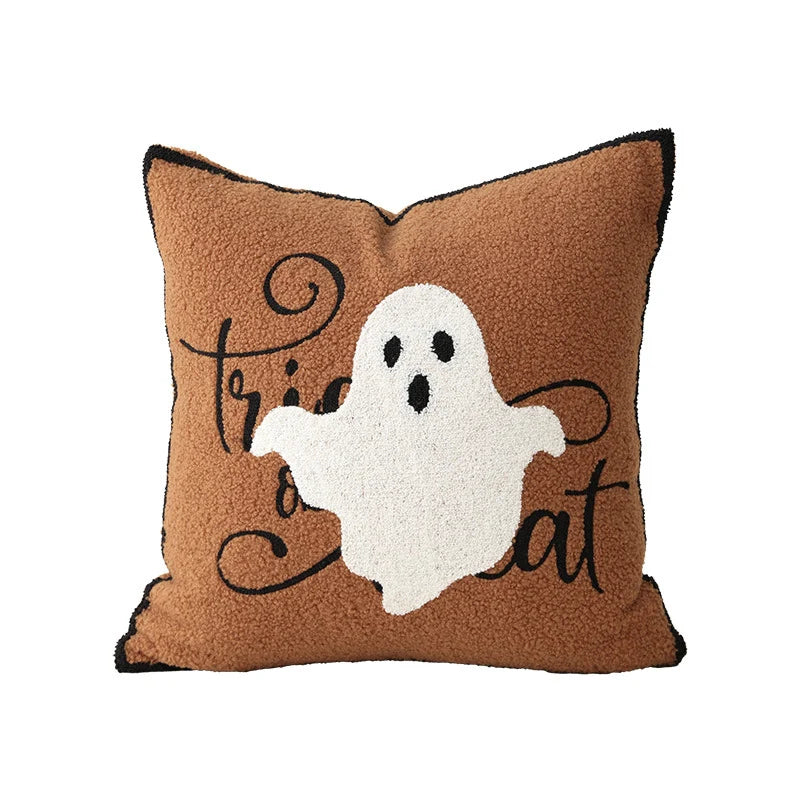 Square Pillow Embroidered Ghost Bouclé Fleece Removable Cover