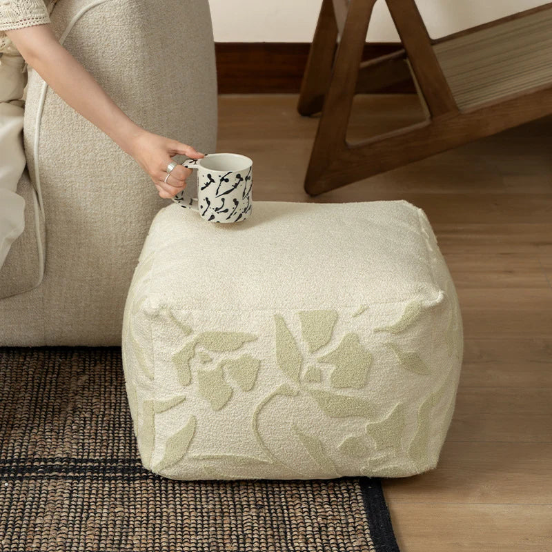 Square Pouf Boucle Floral Relief Bead Filled