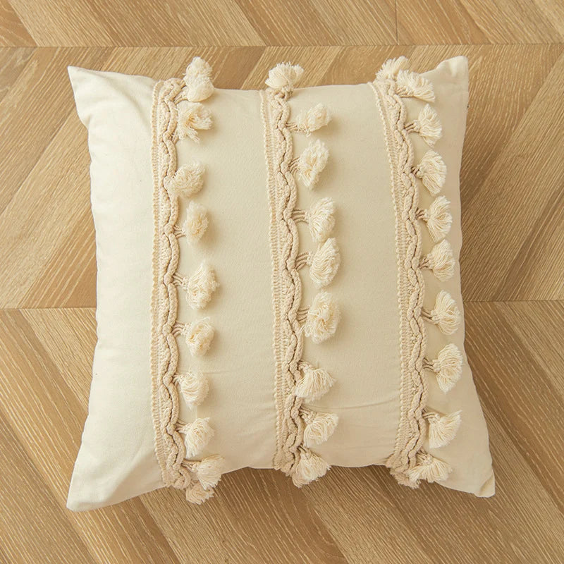 Square Throw Pillow Braided Cotton Trim & Pom-Pom Tassels