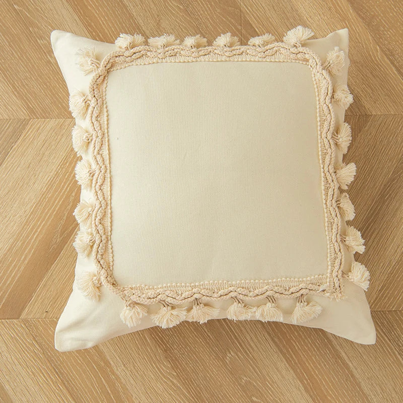 Square Throw Pillow Braided Cotton Trim & Pom-Pom Tassels