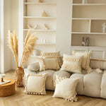 Square Throw Pillow Braided Cotton Trim & Pom-Pom Tassels