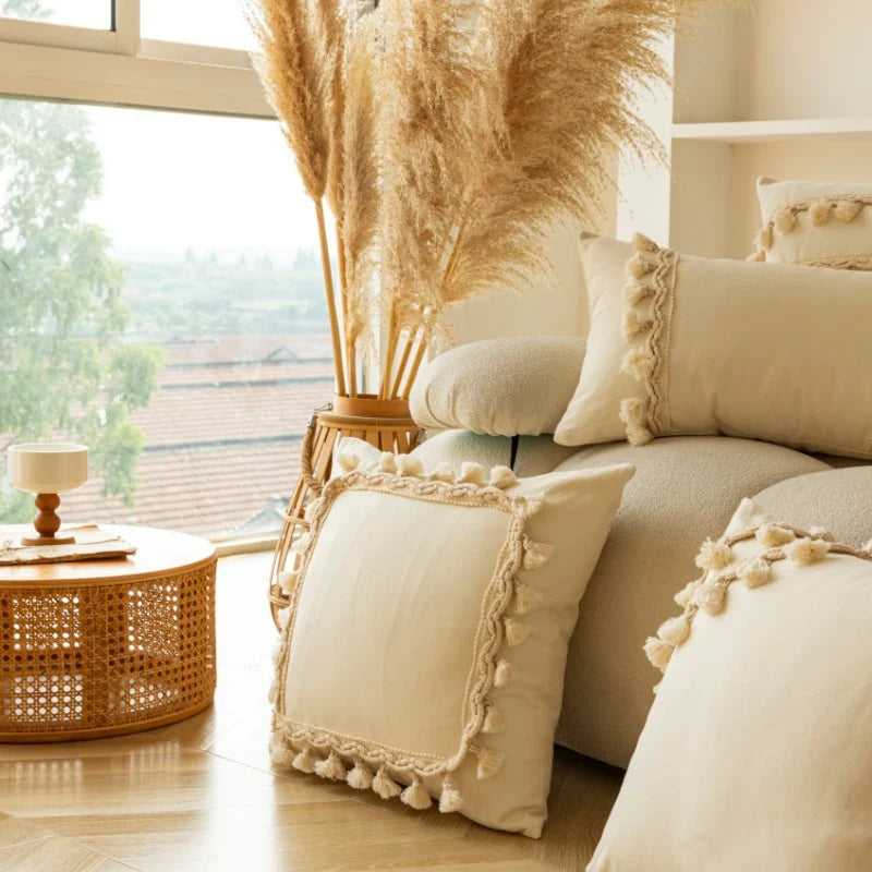 Square Throw Pillow Braided Cotton Trim & Pom-Pom Tassels