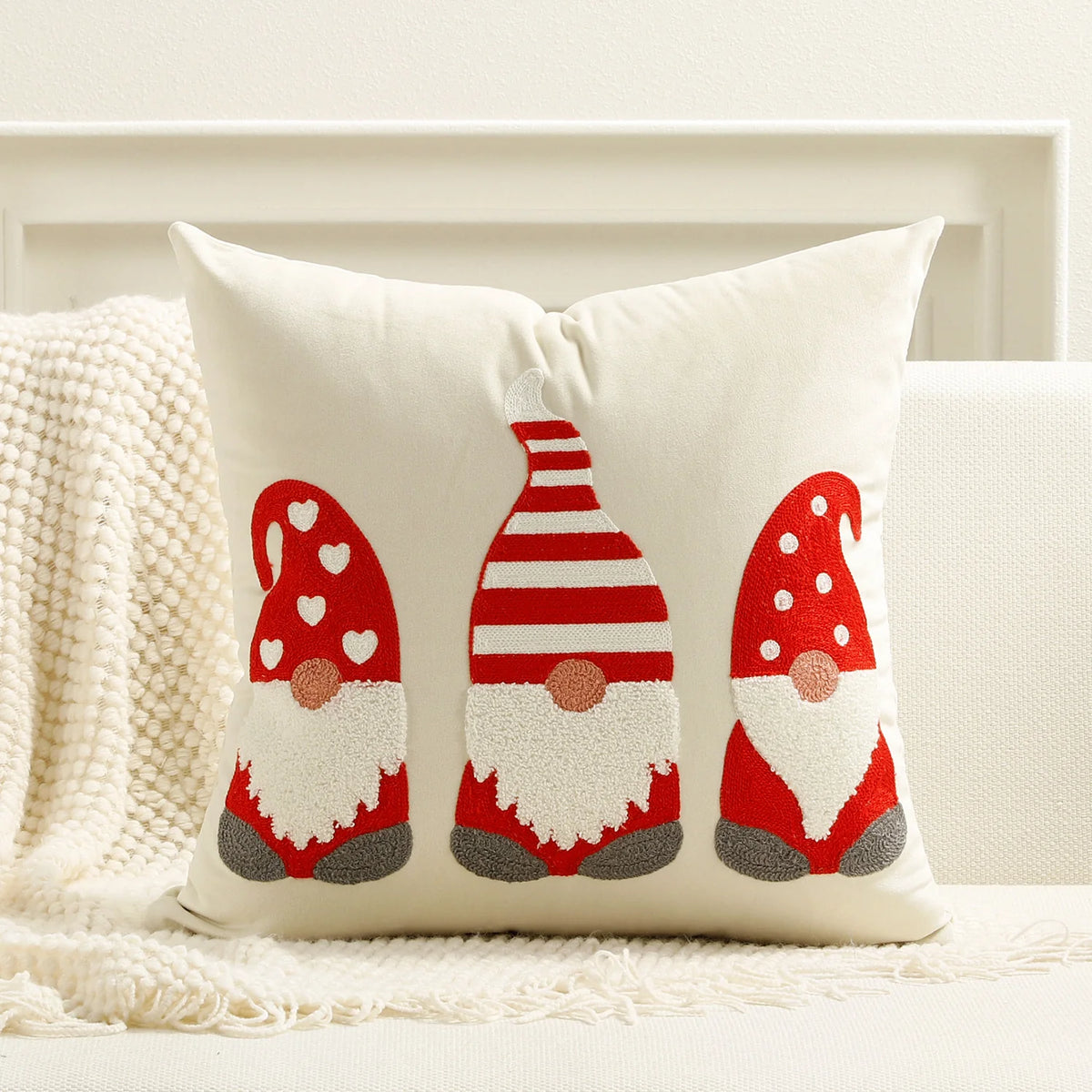 Square Throw Pillow Cover Raised Embroidery Linen-Blend Hidden Zipper