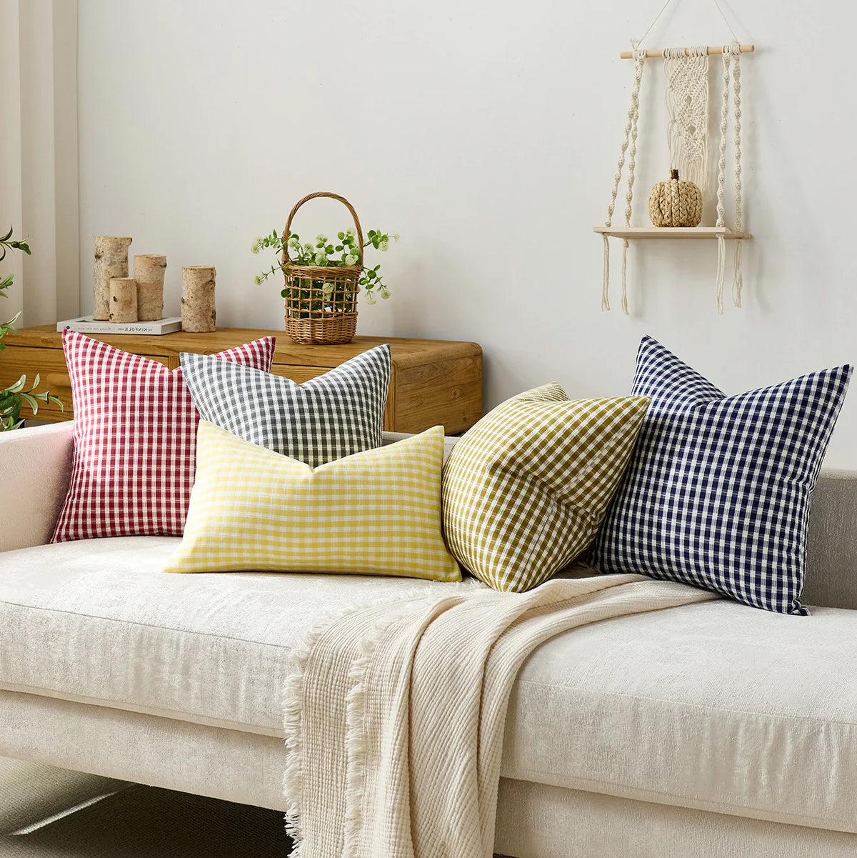 Square Throw Pillow Covers Reversible Gingham Cotton-Linen
