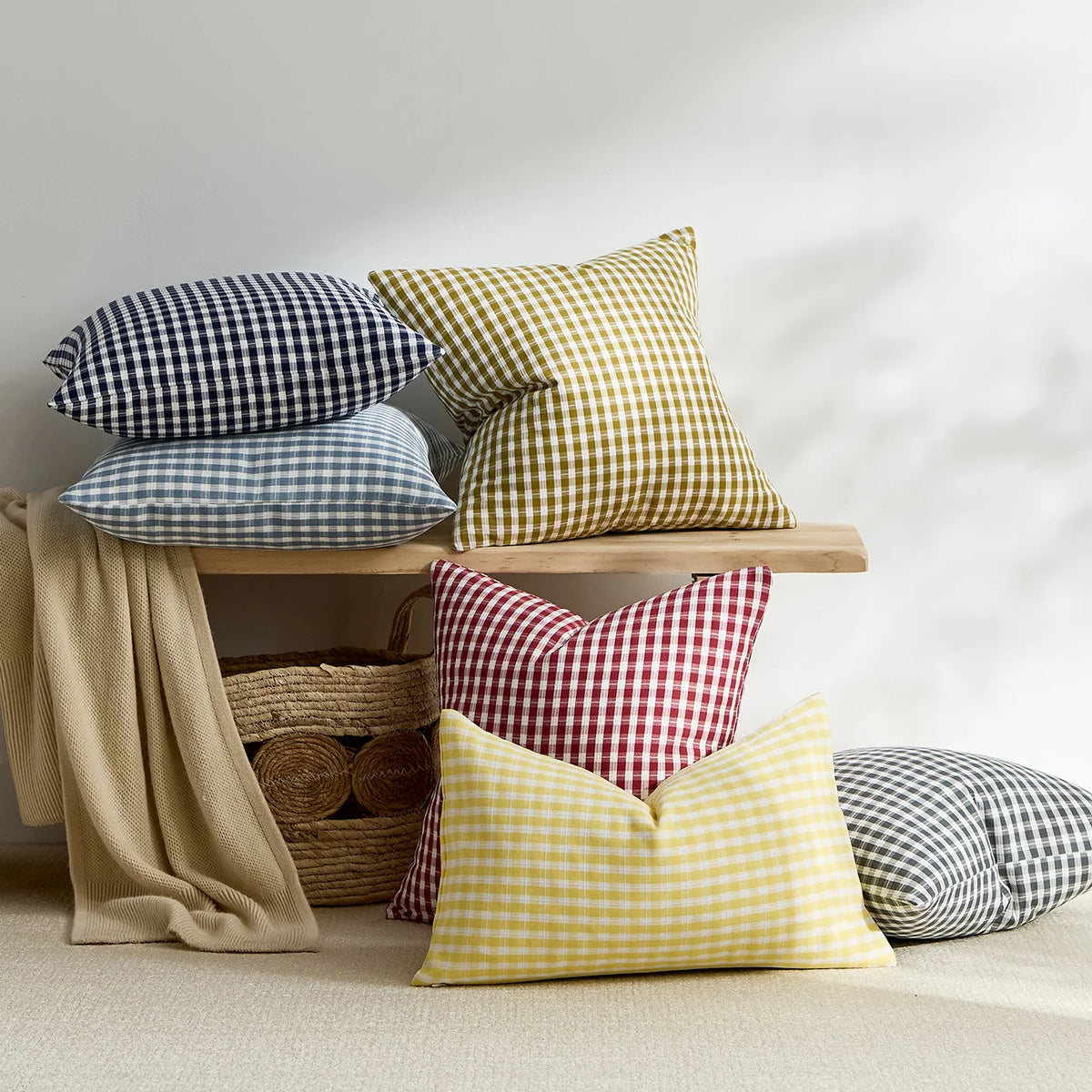 Square Throw Pillow Covers Reversible Gingham Cotton-Linen