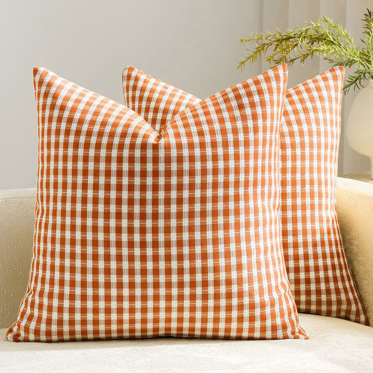 Square Throw Pillow Covers Reversible Gingham Cotton-Linen