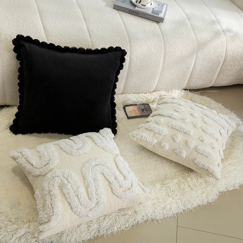 Square Throw Pillow Plush Velvet & Pom-Pom Fringe Removable Insert