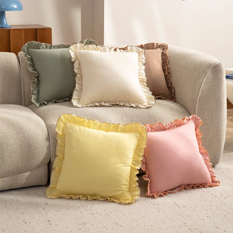 Square Throw Pillow Ruffled Edge Linen-Look Removable Cover