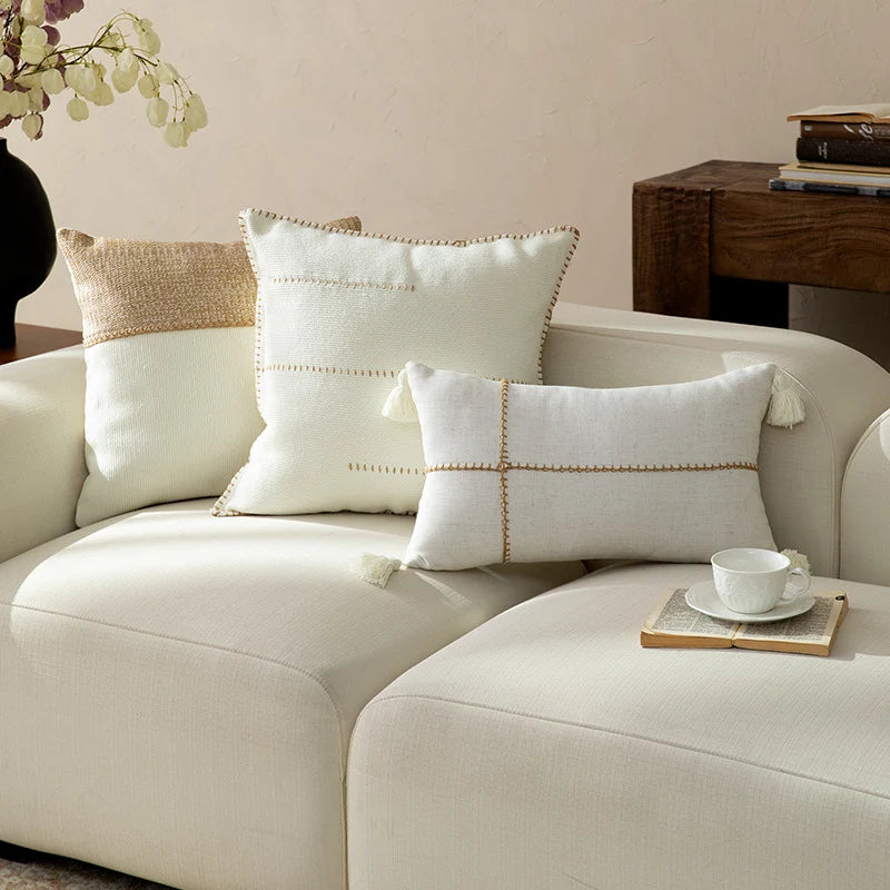 Square Throw Pillow Two-Tone Knit & Linen Removable Cover