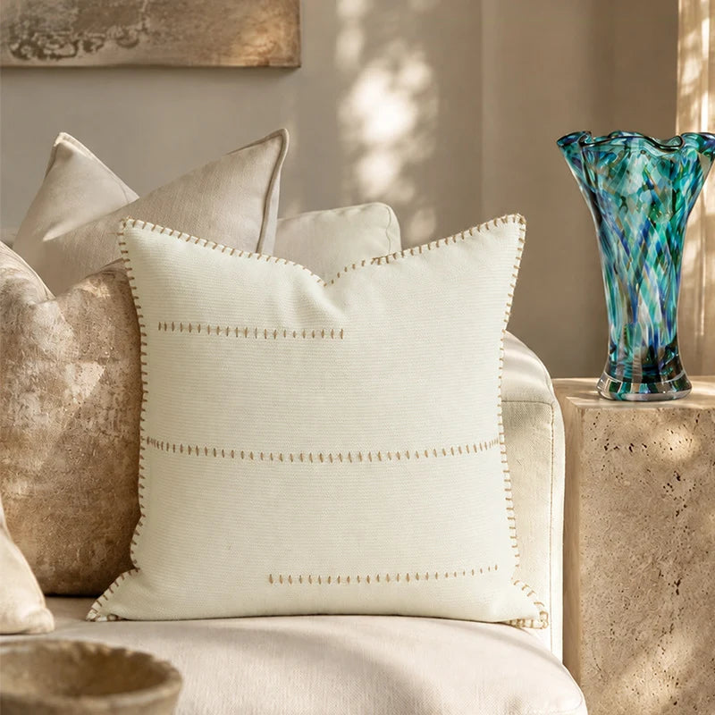 Square Throw Pillow Two-Tone Knit & Linen Removable Cover