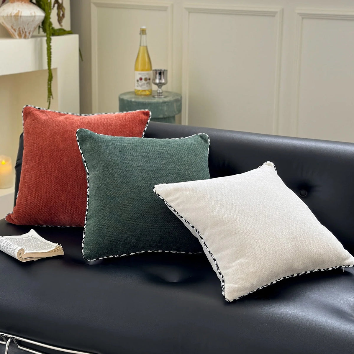 Square Throw Pillow Velvet Cover Contrasting Piping Shape-Retaining Fill