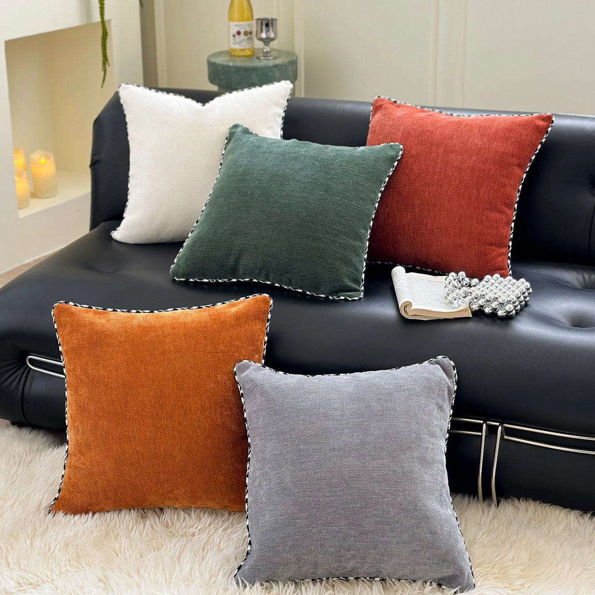 Square Throw Pillow Velvet Cover Contrasting Piping Shape-Retaining Fill