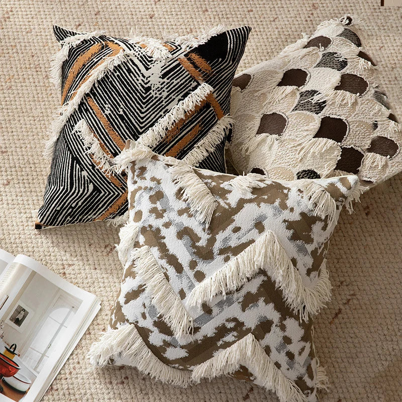 Square Throw Pillow Woven Geometric Fringe & Removable Cover