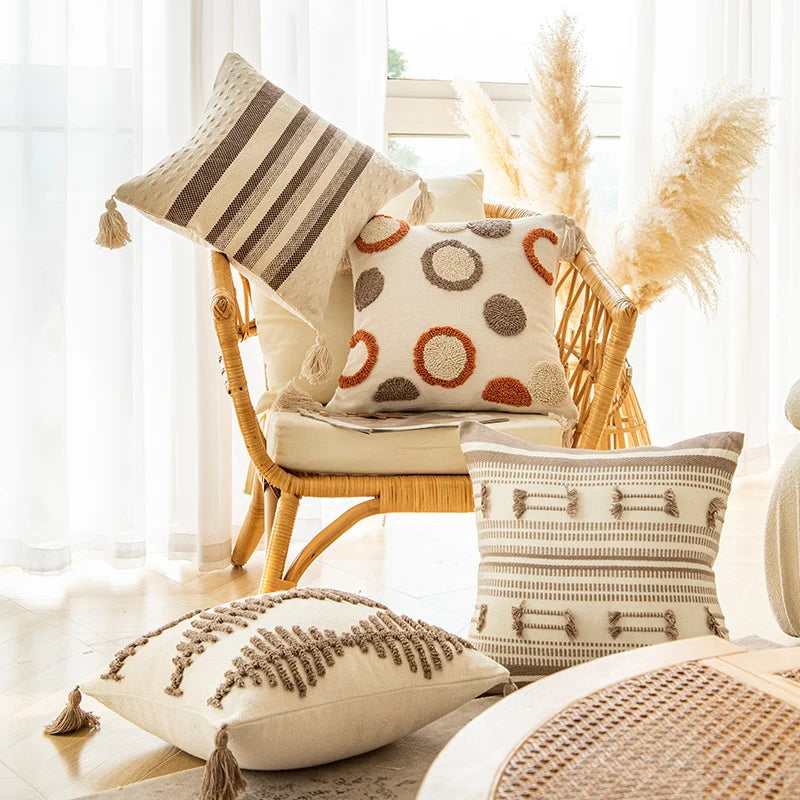 Square Throw Pillow Woven Tufted Cotton & Tassels