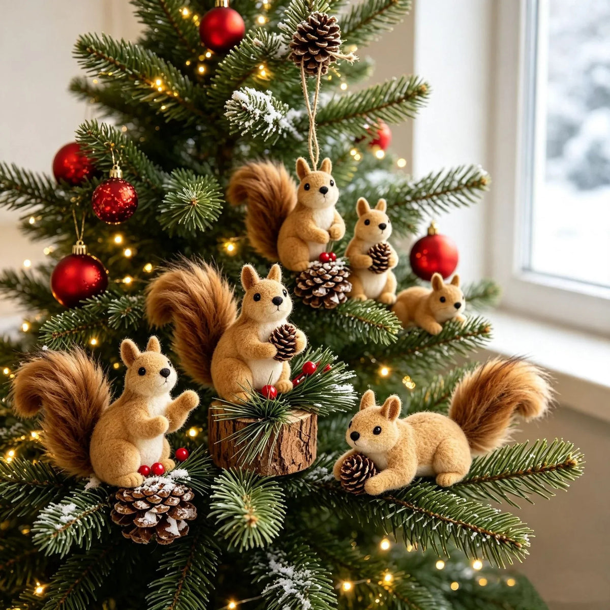 Squirrel Figurine Felt & Wood Lifelike Compact