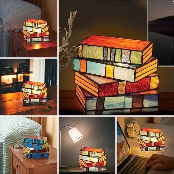 Stained Glass Lamp Stacked Books Vintage Style