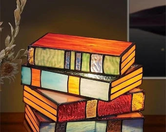 Stained Glass Lamp Stacked Books Vintage Style