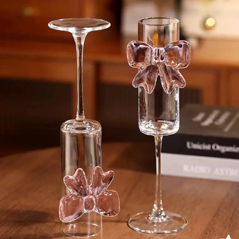 Stemmed Drinking Glass Crystal Pink Bow 5.4 Oz