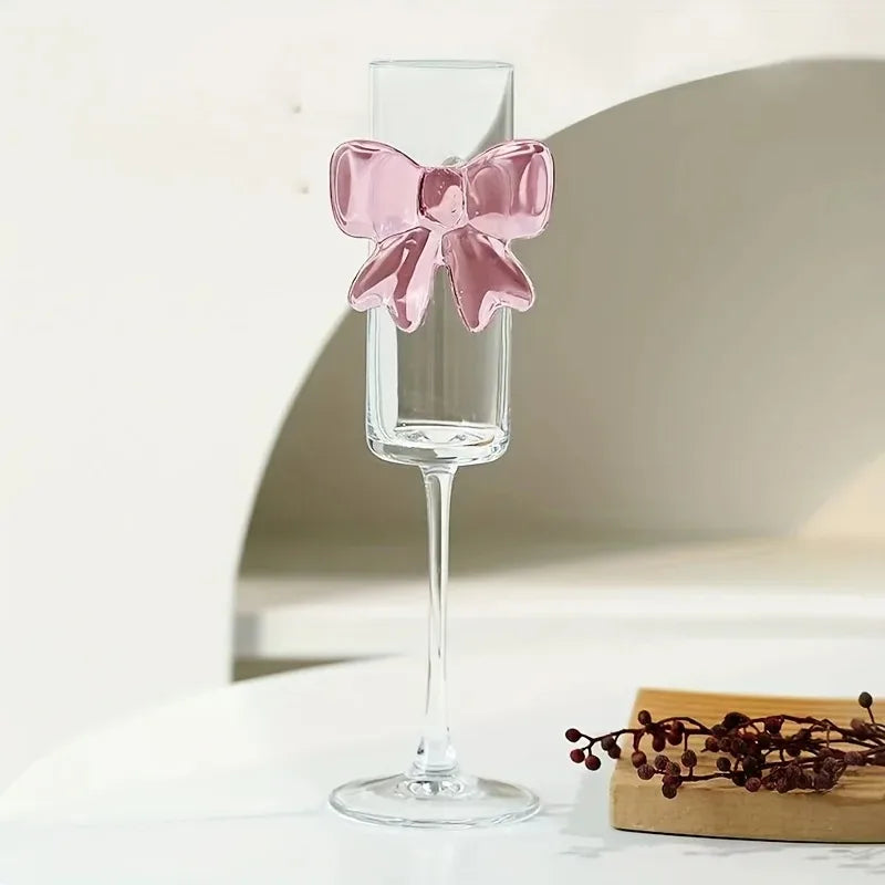 Stemmed Drinking Glass Crystal Pink Bow 5.4 Oz