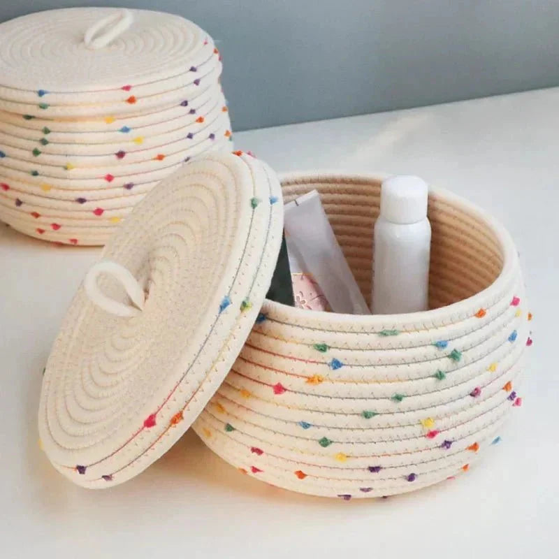 Storage Basket Cotton Rope With Lid Multicolored