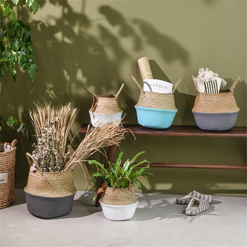 Storage Basket Handwoven Seagrass Two-Tone Gray and White