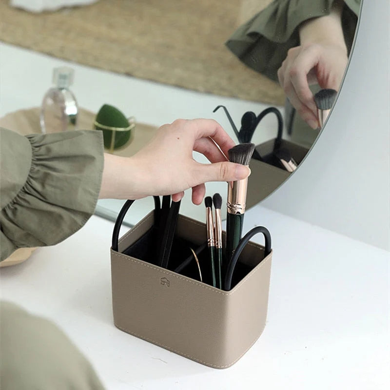 Storage Basket PU Leather Iron Frame With Handles