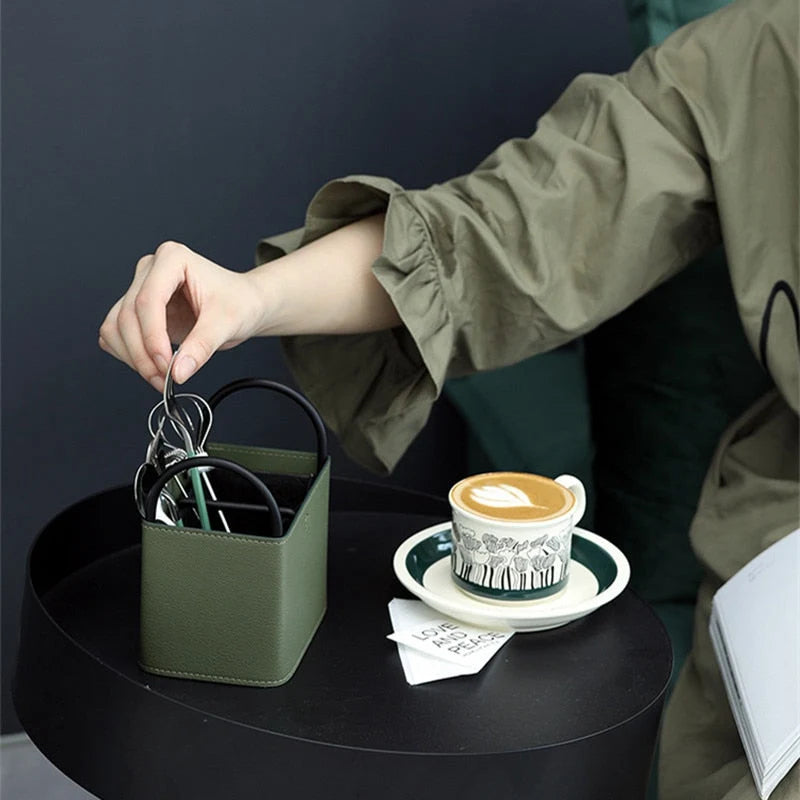 Storage Basket PU Leather Iron Frame With Handles