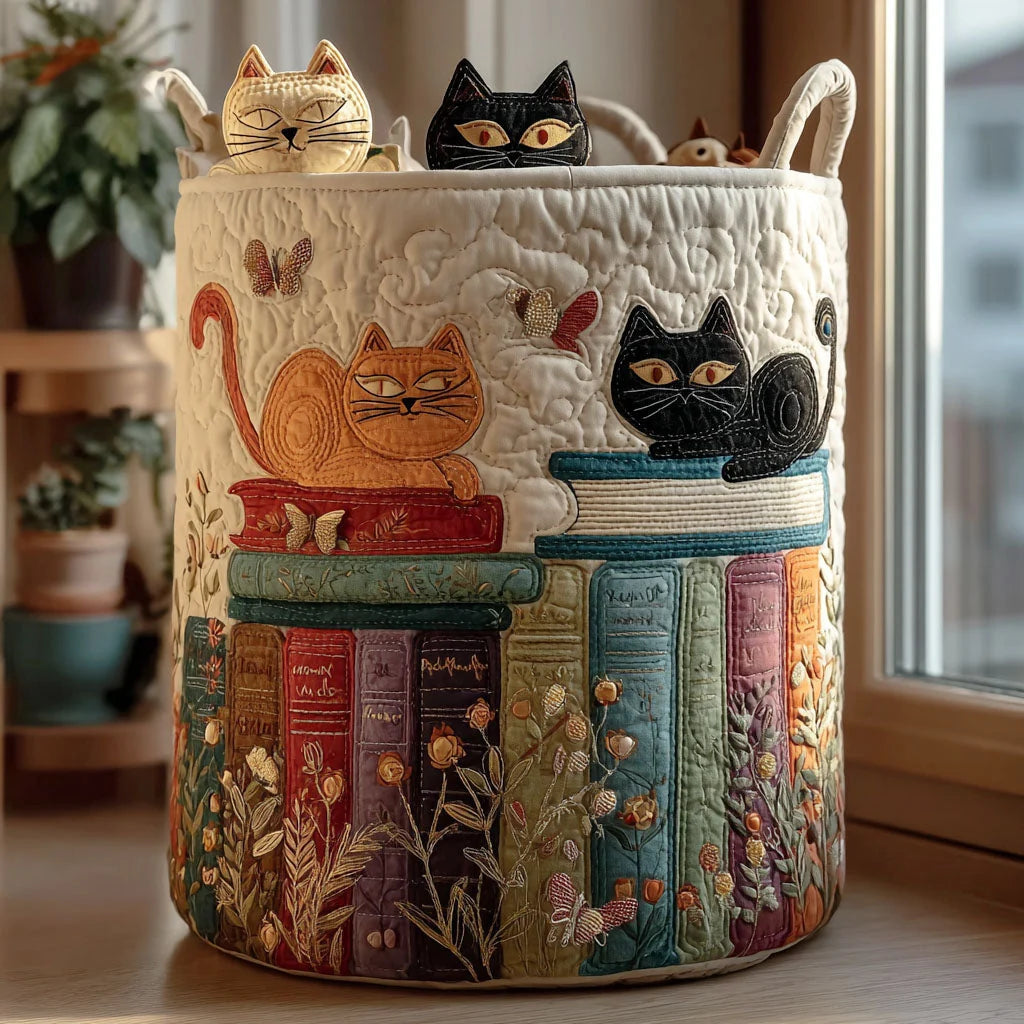 Storage Basket Quilted Embroidered Cat Motif Reinforced Handles