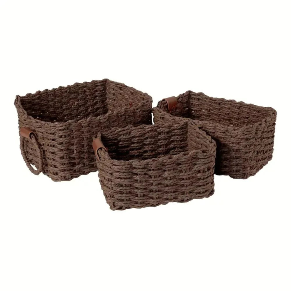Storage Basket Set Woven Rattan Style Three Sizes With Handles