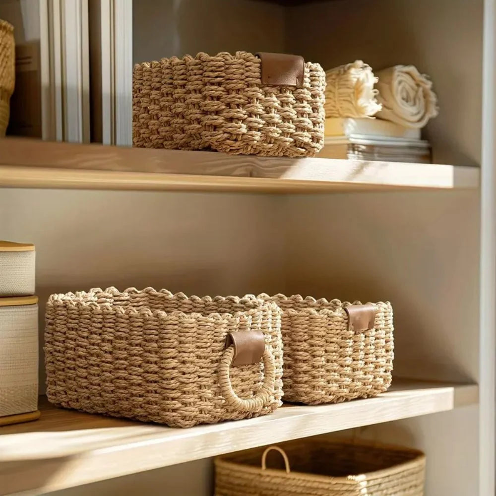 Storage Basket Set Woven Rattan Style Three Sizes With Handles