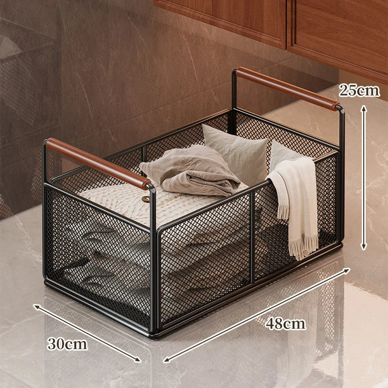 Storage Cart Open Mesh Wooden Handles With Swivel Casters