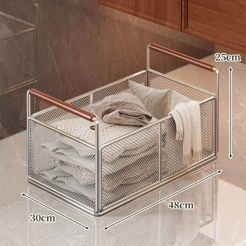 Storage Cart Open Mesh Wooden Handles With Swivel Casters
